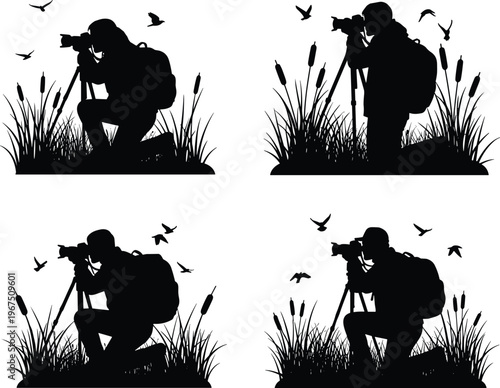 Black silhouette outdoor photography illustration, tripod camera icon, wildlife photographer design, nature shooting symbol, minimalist concept art, adventure lifestyle theme