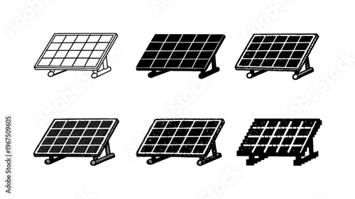 Rectangular solar panel with grid of photovoltaic cells on a tilted frame, used to convert sunlight into electricity | Create ONE