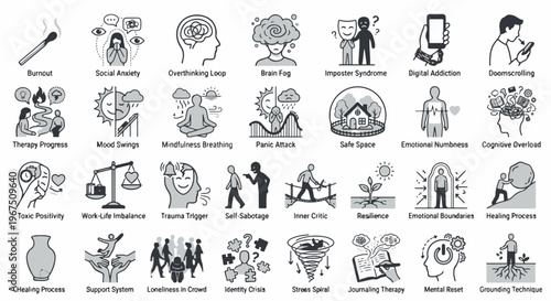 Mental health concept icons set for psychology and emotional wellbeing therapy progress in monochromatic line art.