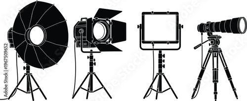 Black silhouette photography equipment illustration, studio light and camera icon, videography design, tripod setup symbol, minimalist concept art, media production theme