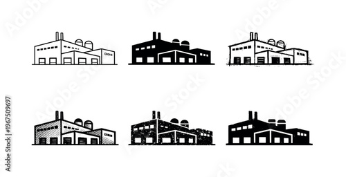 Warehouse factory complex with loading docks and rooftop vents, built for storage and industrial operations