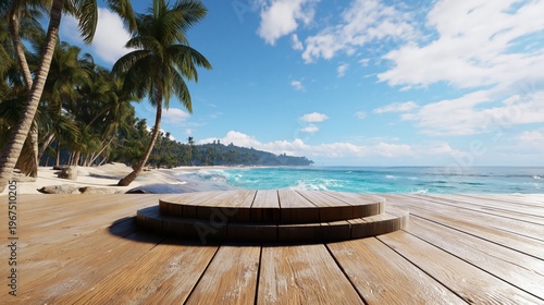 Wooden Platform by the Beach With Palm Trees and Ocean View on a Sunny Day in...