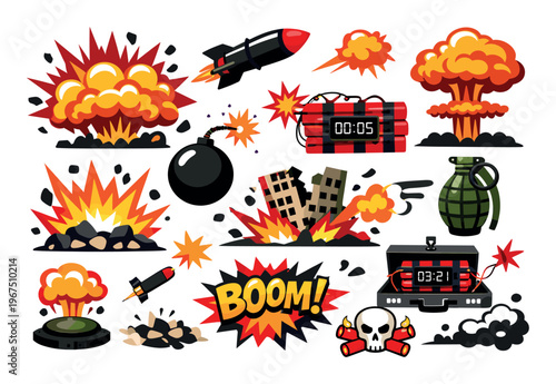 Collection of stylized explosion images featuring various bombs, rockets, and destructive elements, illustrating the concept of war
