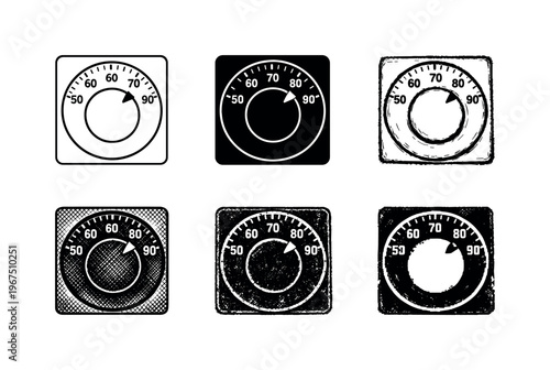 Wall mounted thermostat device with circular dial and temperature markings, used to control indoor heating and cooling systems |