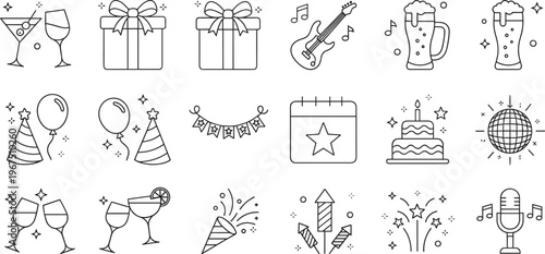 Celebration and party outline icon set featuring gifts, cake, cocktails, balloons, disco ball, fireworks, musical instruments, and event decor elements.