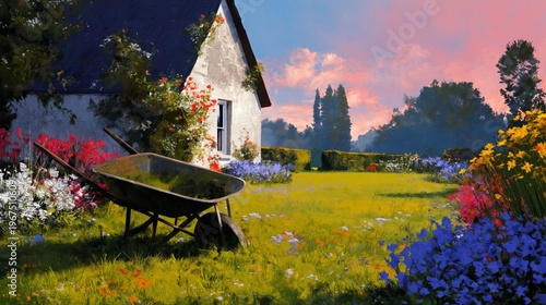 Gardener Pushing Wheelbarrow Filled With Soil and Plants in a Sunny Outdoor S...