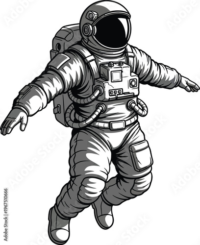 Astronaut floating in space with arms outstretched in silver suit