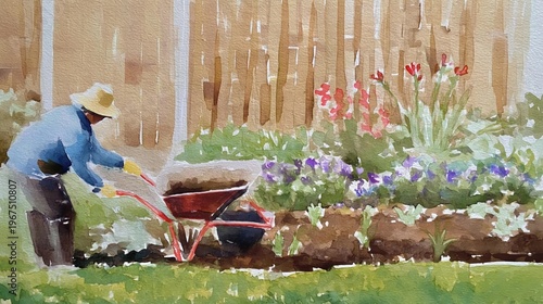 Gardener Pushes Wheelbarrow in Colorful Garden During Sunny Afternoon