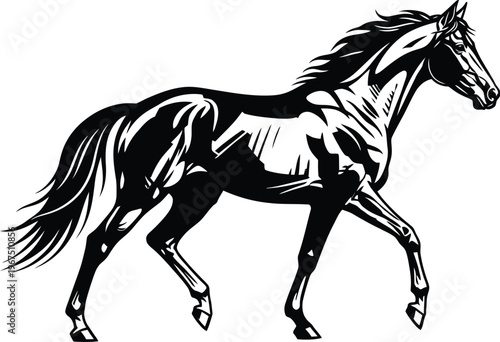Black and white illustration of a running horse in motion