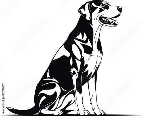 Black and white illustration of a sitting dog facing right side