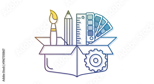 A creative toolbox icon with art supplies and mechanical gear in a box