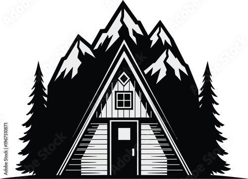 Black and white illustration of Aframe house with mountains and trees