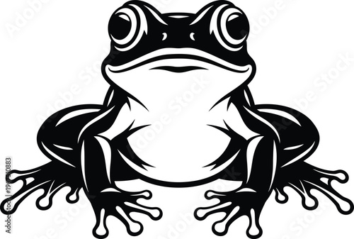 Black and white illustration of a sitting frog looking forward