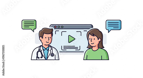 A vector graphic illustration of a doctor and patient discussing health online