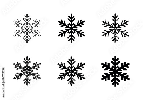 Symmetrical Snowflake Variants. Symmetrical snowflake with six branching arms and intricate icy details, representing winter