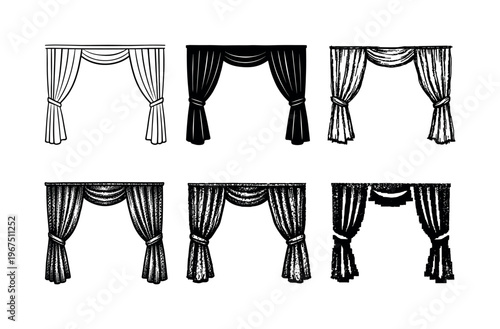 Theater style curtain with vertical folds and tied back sides, symbolizing stage and performance setting