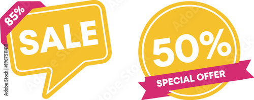 Yellow Sale and Discount Offer Icons with Percentage