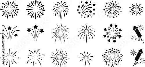 Assortment of Black Fireworks and Rocket Icons explosion