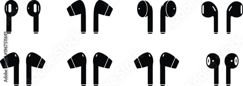 Black Wireless Earbuds Icons Set earphones audio