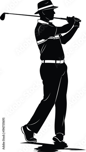 Golf player silhouette swinging club in mid action shot