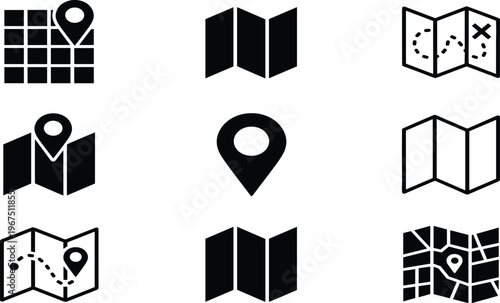 Collection of map icons and location pin symbols featuring folded paper maps destination markers GPS navigation graphics and travel itinerary elements