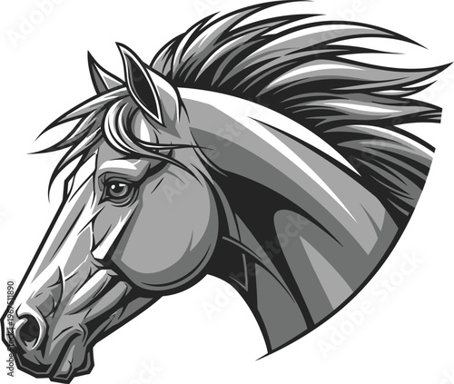 Gray horse head with flowing mane and detailed facial features