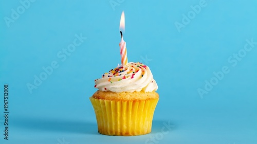 Colorful Cupcake With Candle on Bright Blue Background for Birthday Celebration