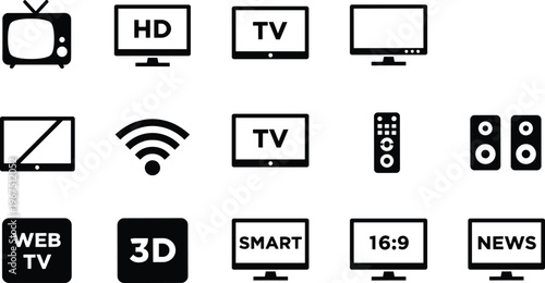 Collection of television icons featuring smart TV screens remote controls speakers wireless signals and broadcasting symbols for home entertainment and media