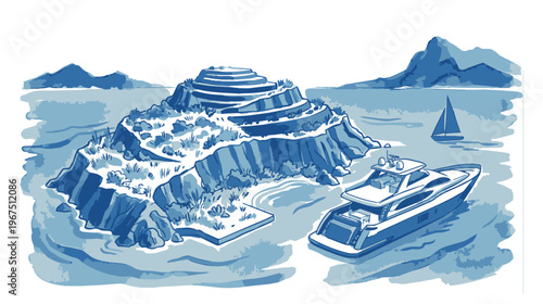 Blau-weiße Illustration einer mediterranen Insel mit Jacht und Segelboot