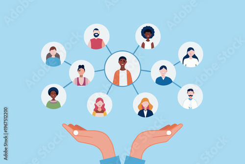 Diverse group of people connected by a central figure held in caring hands