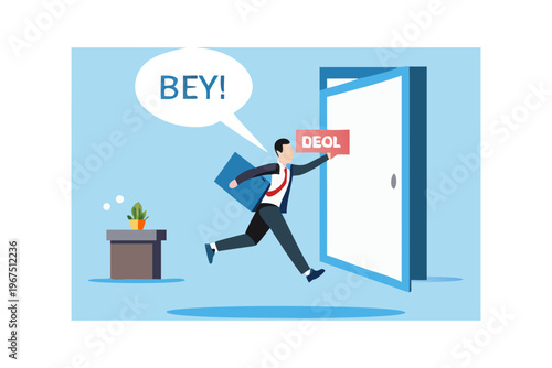 Fotografi A businessman runs towards an open door holding a briefcase and sign
