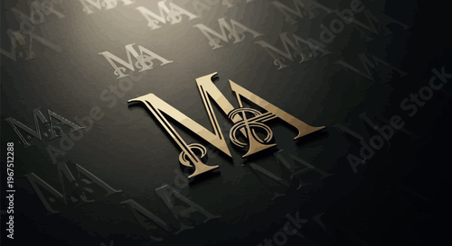 Exquisite gold metallic MA monogram logo, featuring a sophisticated stylized dollar sign, beautifully embossed onto a luxurious dark textured background for a premium brand identity.