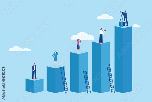 People climbing ascending data bars representing business growth and ambition