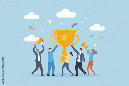 Team celebrates a victory with a golden trophy and cheering horns