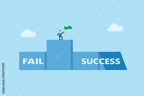 Businessperson celebrates success atop a pedestal over failure