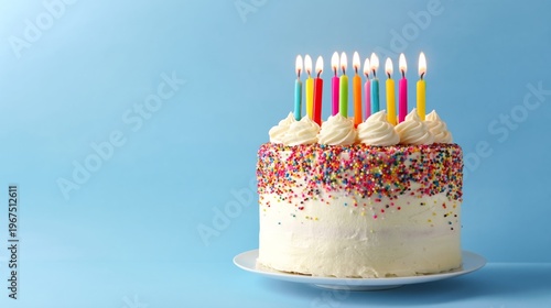 Birthday Cake With Colorful Candles and Sprinkles on a Blue Background for a ...