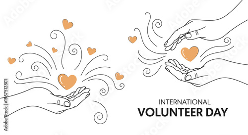 International Volunteer Day illustration with hands and hearts.