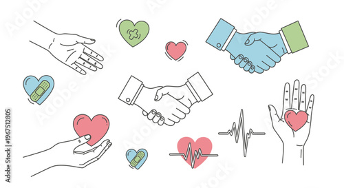 Hands holding and shaking with heart symbols.