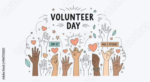 Volunteer day with diverse hands raised.
