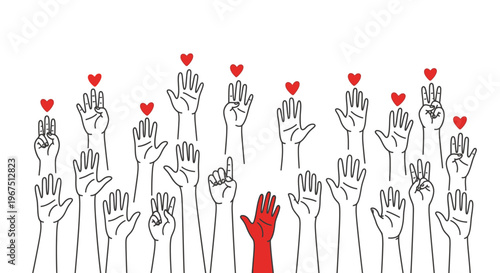 Diverse hands with hearts symbolizing love.