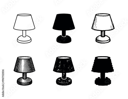 Six Bedside Lamp Variations. Bedside lamp with compact body and simple conical shade, created for nighttime lighting on a