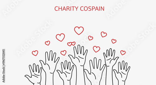 Hands raised with hearts for charity.