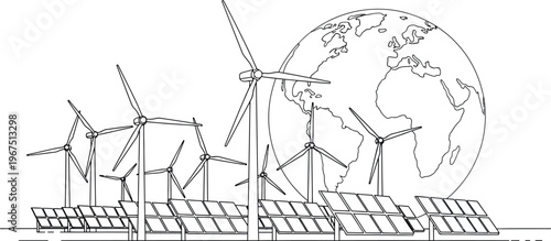 Outline drawing illustrates the concept of global renewable energy infrastructure featuring numerous wind turbines and solar panels against the earth.