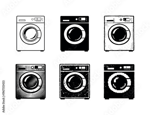 Front loading washing machine with circular glass door and control panel, used to clean clothes and household laundry | Create