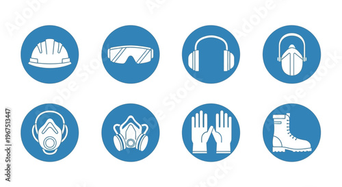 Mandatory Personal Protective Equipment (PPE) Respirator and Face Protection Outline Icons on Isolated White Background