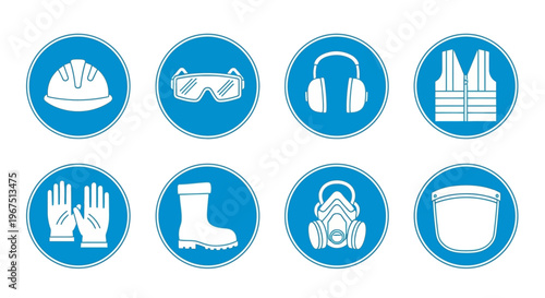 Mandatory Personal Protective Equipment (PPE) Outline Safety Icons on Isolated White Background