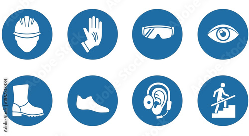 Mandatory Personal Protective Equipment (PPE) Footwear and Hearing Protection Outline Icons on Isolated White Background