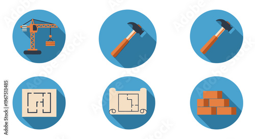 Construction and Building Solid Icons with Long Shadow on Isolated White Background