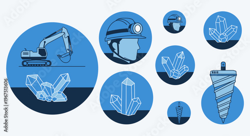 Mining Industry Icons Set with Excavator, Miner Helmet, Crystals, and Drill Bit in Bright Studio