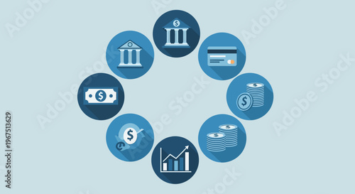 Banking and Finance Icons Set with Bank Building, Money, Credit Card, and Growth Chart in Bright Studio